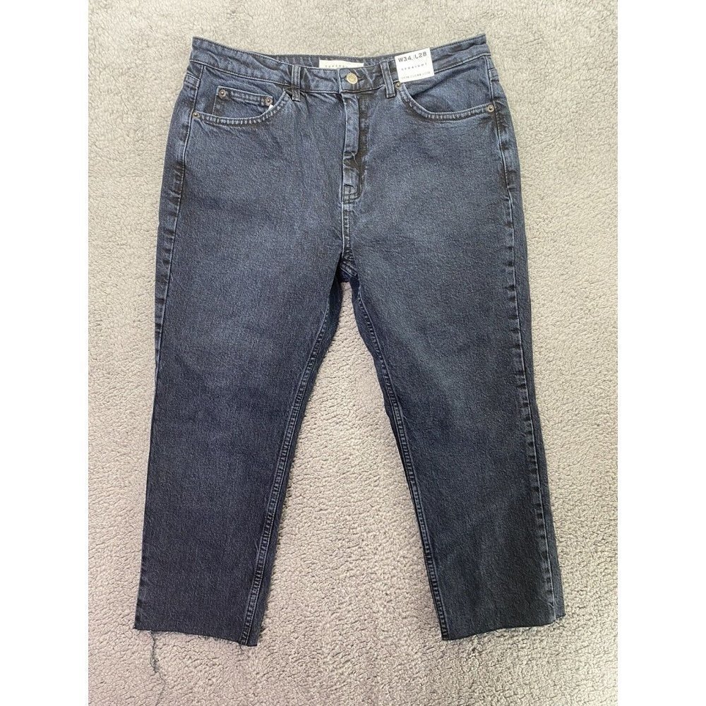 Topshop Womens Straight Leg Raw Hem Jeans Dark Wash Ankle Crop Size 34x28 Petite